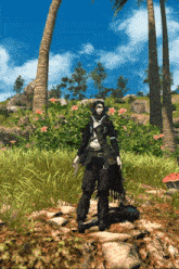 a person in a video game is standing in a field with palm trees in the background