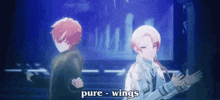 a man and a woman are standing next to each other in a dark room with the words pure wings above them .