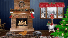 a christmas scene with cats and a christmas tree