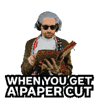 a sticker of a man holding a banana and the words " when you get a paper cut "