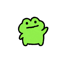 a green frog is waving its hand and making a funny face on a white background .