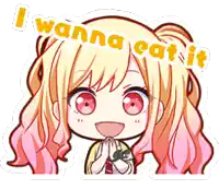 a cartoon of a girl with the words " i wanna eat it " above her