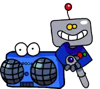 a cartoon robot holding a microphone next to a speaker