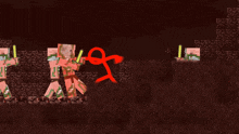 a red stick figure is holding a sword in front of a group of pigs