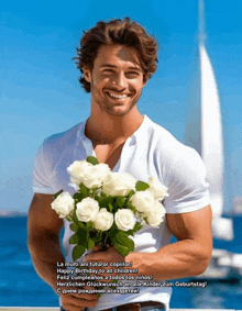 a man in a white shirt is holding a bouquet of white roses in front of a sailboat