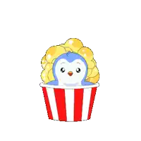 a penguin is sitting in a striped bucket with popcorn coming out of it