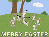 a cartoon of a dog surrounded by bunnies with the words `` merry easter '' written on the bottom .