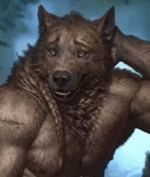 a painting of a werewolf with a very muscular body and a sad look on his face .