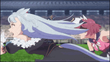 two anime girls are running on a field and one has a pony tail