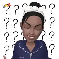a cartoon girl is surrounded by question marks and says uhm