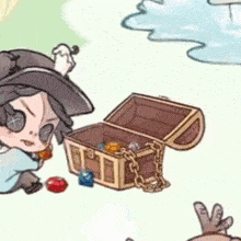 a cartoon of a person looking into a treasure chest filled with gems .