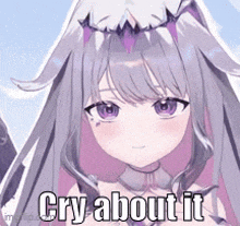 a girl with purple hair and a crown on her head is crying .