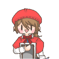 a cartoon of a girl wearing a red hat and holding a tablet