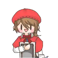 a cartoon of a girl wearing a red hat and holding a tablet