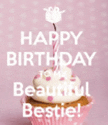 a pink cupcake with a candle on top and the words happy birthday to my beautiful bestie