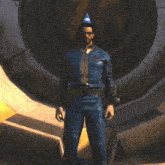 a man wearing a party hat is standing in front of vault 76
