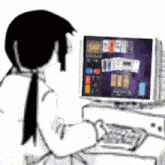 a black and white drawing of a person playing a computer game
