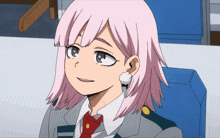 a girl with pink hair is wearing a red tie and earrings