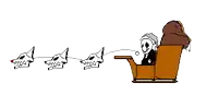 a pixel art drawing of a skeleton in a sleigh pulled by two dogs .