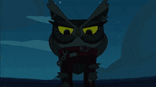 a cartoon owl with yellow eyes is wearing a red belt