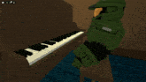 a video game character with the name odin on his back sits in front of a piano