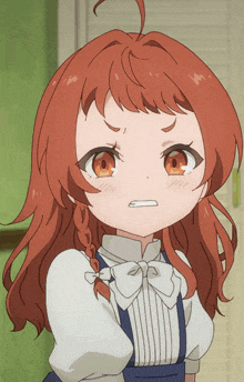 a cartoon girl with red hair and orange eyes is making a funny face