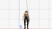 a man without a shirt is standing on a grid with a sword in his hand .