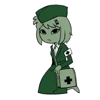 a cartoon drawing of a nurse holding a saw
