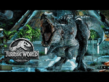 a poster for jurassic world dominion with a large dinosaur in the foreground