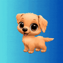a cartoon dog with a blue background is smiling and looking at the camera
