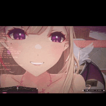a screenshot of a video game with a girl with purple eyes smiling