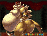 a cartoon character with a large belly is standing in front of a red curtain