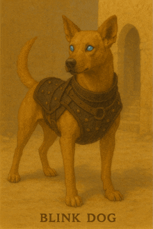 a painting of a dog named blink dog with blue eyes