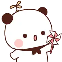 a cartoon panda bear with a flower on its head holding a pink pinwheel