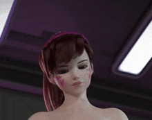 a naked anime girl with pink paint on her face is standing in a room with a purple ceiling .