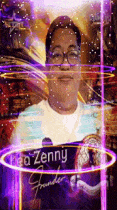a man with glasses is surrounded by purple lights and the name zenny