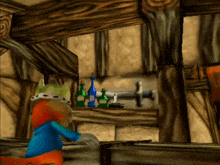 a cartoon character is standing in front of a shelf with bottles and a sword on it