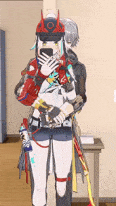 a couple of anime characters standing next to each other and one of them is holding a cell phone