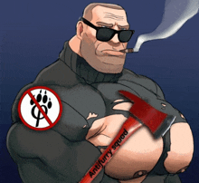 a cartoon of a man smoking a cigarette and holding an axe that says antifurry squad on it