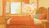 a girl with pink hair is standing next to a bed in a room