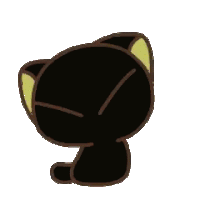 a black cat with a yellow ear and a triangle on its head is sitting down .