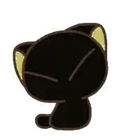 a black cat with a yellow ear and a triangle on its head is sitting down .