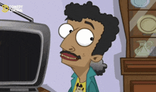 a cartoon of a man standing in front of a tv with the words comedy central on the bottom