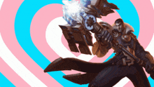a man is holding a gun in front of a pink and blue heart shaped background