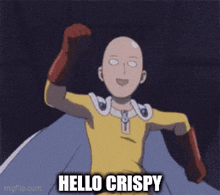 a cartoon character says hello crispy in a dark room