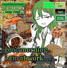a picture of a girl talking on a cell phone surrounded by bread and cookies with the words " good morning i am at work "