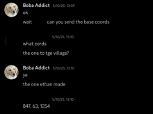 a screenshot of a conversation between boba addict and the one ethan made