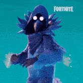 a fortnite character with a hood and feathers on a blue background