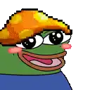 a pixel art of a frog wearing a yellow hat and a blue shirt .