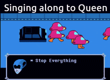 a video game screen that says " singing along to queen " on it